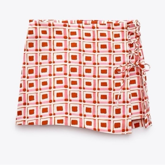 NEW ZARA Women's Pink Red Geometric Skort Tie Closure Size M - Picture 2 of 10